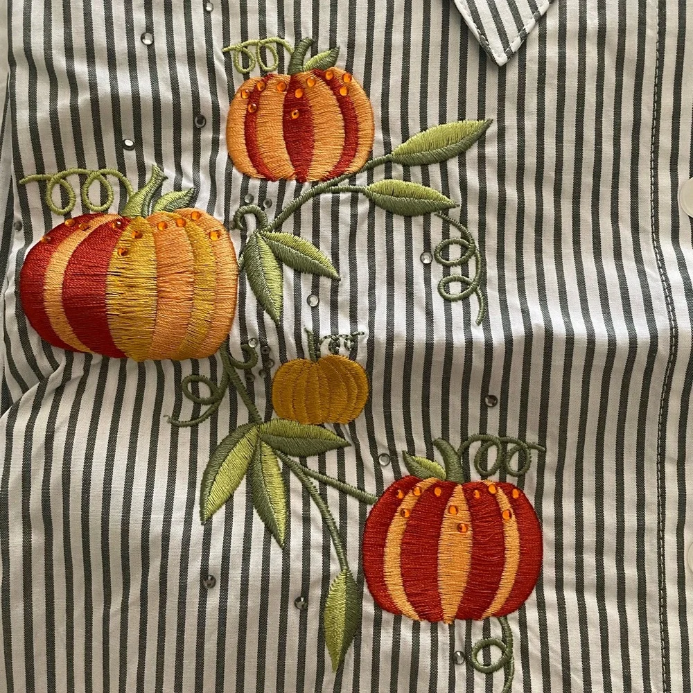 Quacker Factory | Pinstripe button down. Embroidered pumpkins. Size 2X. NWT - Picture 2 of 10